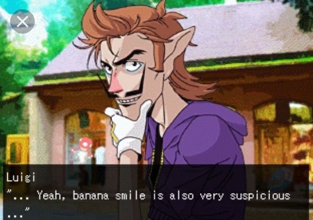 an image of a mildly yaoi-fied waluigi in an unofficial dating sim. his name is listed as 'luigi' in dialogue, and he is saying '... yeah, banana smile is also very suspicious ...'